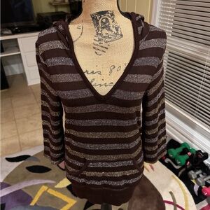 Elegant Brown Striped V-Neck hoodie M/L